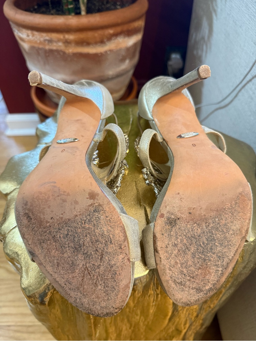Badgley Mischka Champagne Crystal T-Strap Heels - Picture 5 of 5